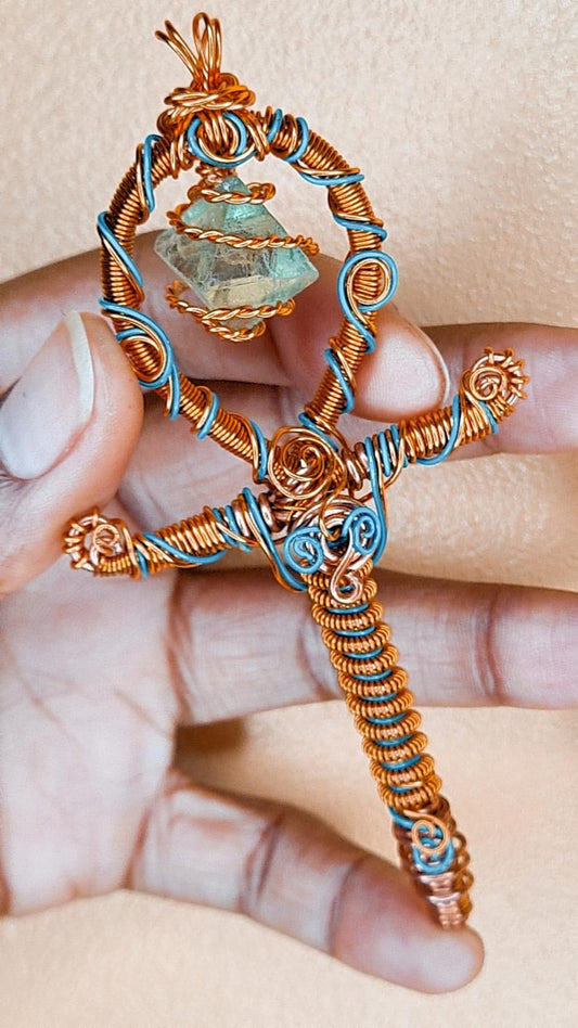 '888 FLUORITE 'PYRAMINX DIAMOND' -GOLDEN ANKH PENDANT (SML) -